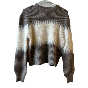 SAGE THE LABEL Womens XS Brown Cream Striped Rib Knit Crewneck Pullover Sweater